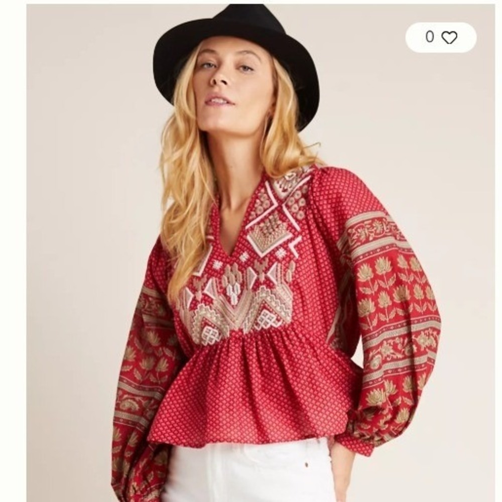 Anthropologie Keira  Red Embroidered Peplum Blouse Balloon Sleeve Boho Top 00496